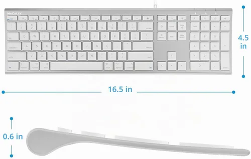 Vista 3 de Macally Teclado de computadora con cable USB ultra delgado, compatible con teclado Apple o Windows, tamaño completo con 20 teclas de teclado Mac