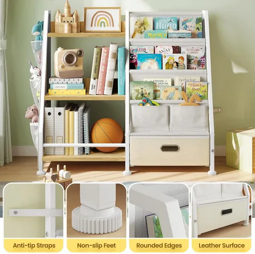 Vista 5 de Estantería infantil y organizador de almacenamiento de juguetes: estante para libros para habitación de niños con cajón para almacenar libros