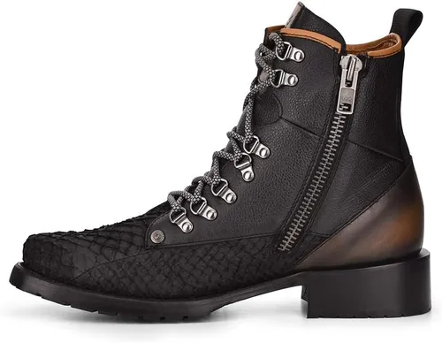 Vista 4 de Cuadra Bota minera para hombre en piel auténtica pirarucu y piel bovina con cordones y cremallera