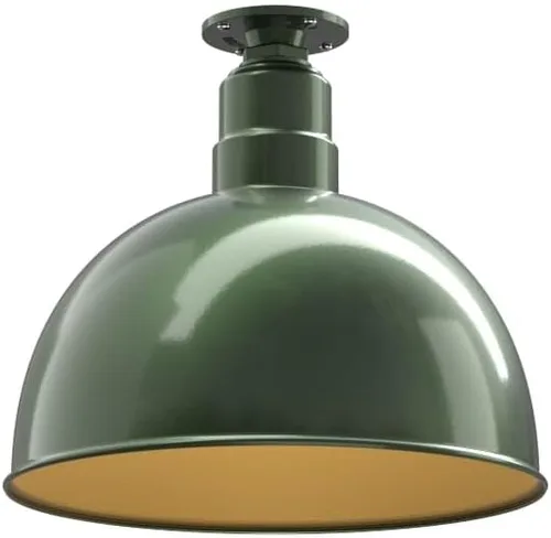Vista 74 de Steel Lighting Co. Colgante de cuenco rosa Lámpara montada en el techo Cúpula de 15 pulgadas vástago de 12 pulgadas Estilo granero de acero