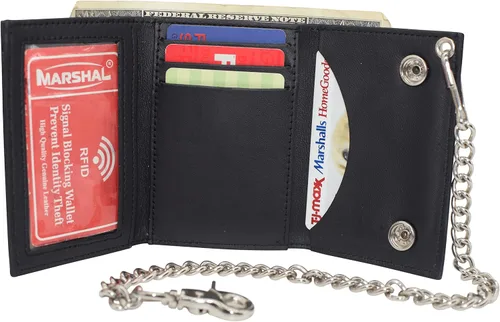 Vista 2 de MARSHAL Motocicleta Llamas RFID Bloqueo Tri-Fold Cuero Genuino Biker Cadena Billetera, Negro, Flames, Cartera Biker