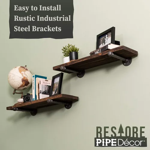 Vista 7 de Pipe DÉCOR - Estantería de madera de abeto Douglas de alta calidad, 24 pulgadas de largo, juego de 2 tablas y 4 soportes rectos, acabado marrón