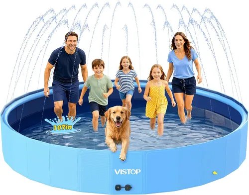 Vista 13 de VISTOP Piscina plegable para perros de 97 pulgadas con rociador, piscina grande de carcasa dura para mascotas, piscina plegable antideslizante