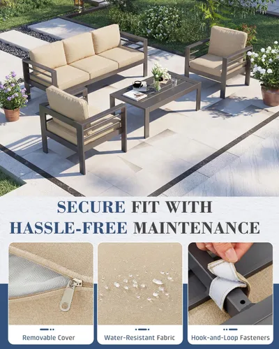 Vista 4 de AECOJOY Juego de muebles de patio de aluminio, muebles modernos de exterior de 5 asientos con mesa auxiliar, 4 piezas de sofá seccional