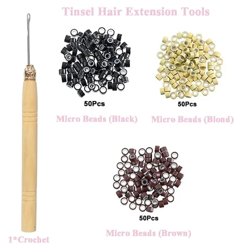 Vista 4 de Kit de Oropel para Cabello con Herramientas Extensiones de Cabello de Oropel Negro 6 Piezas 1200 Hebras Kit de Oropel para Cabello de Hadas