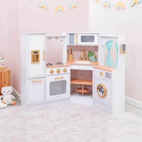 Vista 3 de KidKraft Ultimate - Cocina de esquina de madera con luces y sonidos, teléfono de juego y cortinas, blanco Lazy Susan, cortinas, se adapta a dos