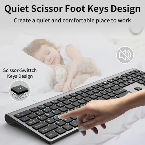 Vista 4 de Teclado inalámbrico delgado de tamaño completo 2.4G con teclado numérico, botón de calculadora, receptor USB, bloqueo Fn, diseño de interruptor