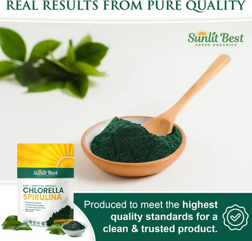 Vista 8 de Sunlit Best USDA Organic Chlorella Spirulina en polvo – Fuente 100% cruda y vegana de proteína y clorofila Bebida energética de superalimentos sin
