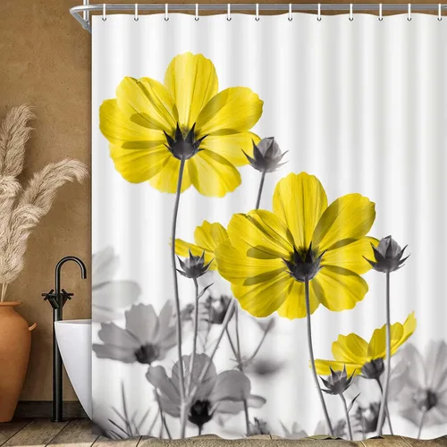 Vista 21 de MERCHR Cortina única floral azul para decoración de baño, cortina de ducha estilo granja con flores de margarita azul y gris elegantes y diseño
