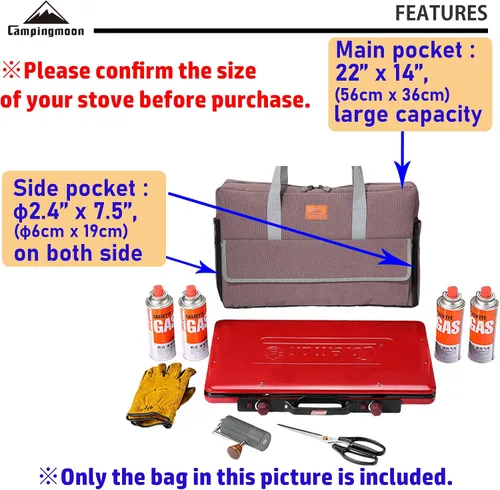Vista 4 de CAMPINGMOON - Funda de transporte para estufa de campamento Coleman de 2 quemadores, lona CM-B, bolsillos para combustible de gas