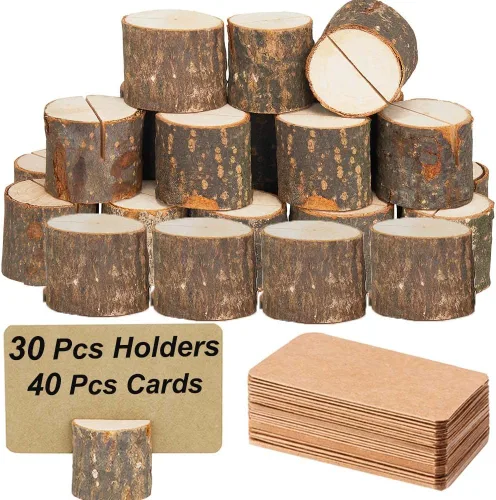 Vista 10 de Toncoo Portatarjetas de madera, 15 soportes rústicos de alta calidad para números de mesa y 30 tarjetas de mesa de papel Kraft, soportes de madera