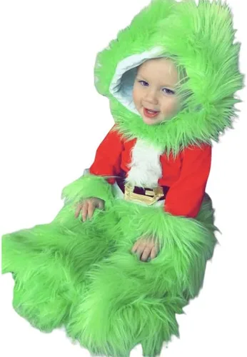 Vista 5 de Passec Disfraz de Navidad para niños y niñas, disfraz de monstruo peludo verde de Papá Noel, conjunto de ropa de Navidad