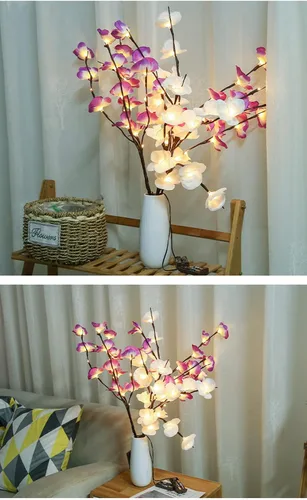 Vista 4 de Fantasee Luces de ramita de orquídea morada, 20 luces LED artificiales de rama Phalaenopsis alimentadas por pilas, luces de decoración de ramas