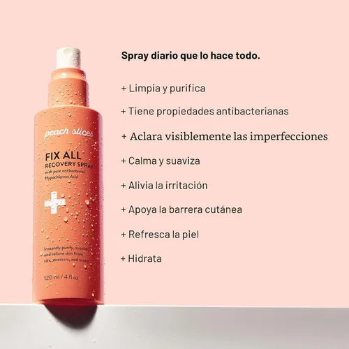 Vista 2 de Peach Slices - Spray de Recuperación Todo en Uno (118 ml) - Purifica, Calma y Alivio - Granos, Estrés y Rojeces - Spray de Ácido Hipocloroso - Agua