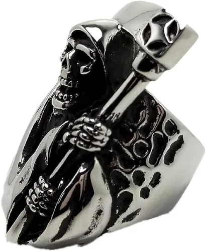 Vista 3 de Anillo de hoz de cráneo, anillo gótico de hoz de calavera para hombres, anillo de acero inoxidable con calavera punk, anillo de motociclista