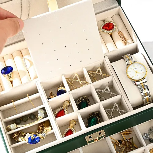 Vista 5 de Organizador de joyas con cuero sintético, joyero para mujer, caja de joyería grande con cerradura y llave, almacenamiento de aretes de collar, cajas