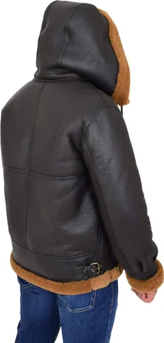 Vista 3 de Chaqueta voladora de piel de oveja real para hombre, con capucha, color marrón, pelirroja, piloto B3, aviador, bombardero Hawker