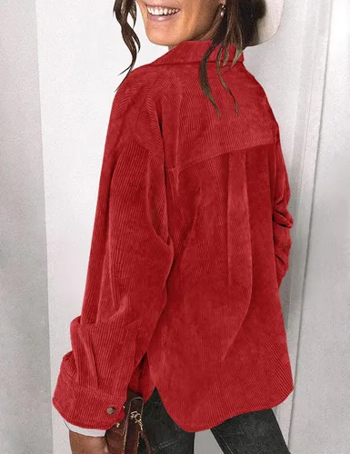 Vista 5 de Saslax Camisa de pana para mujer, de manga larga, con botones, cuello en V, holgada, chaqueta
