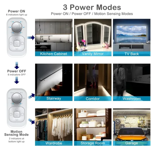 Vista 5 de Luces con sensor de movimiento para debajo del gabinete: tira de luces LED enchufables para interiores con adaptador de corriente, atenuador