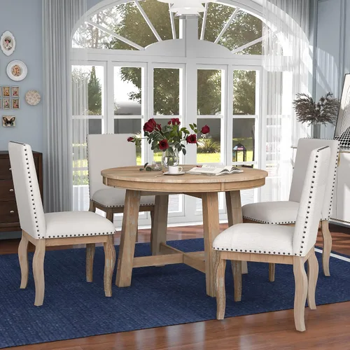 Vista 11 de Farmhouse - Juego de mesa de comedor de 5 piezas, mesa de comedor redonda extensible con 4 cómodas sillas tapizadas, juego de muebles funcionales