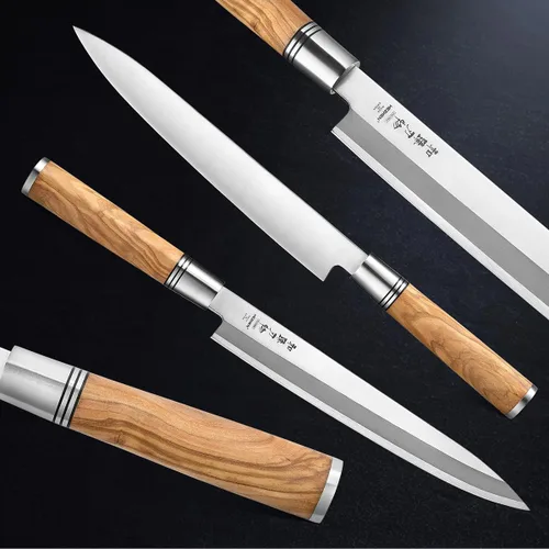 Vista 3 de HEZHEN Cuchillo Sashimi de 9.449 in,Cuchillo de sushi Yanagiba,Mango de madera de olivo con estuche de cuchillo de madera