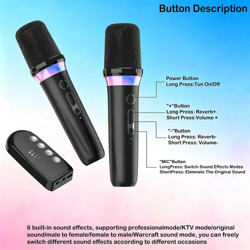 Vista 8 de Micrófono de karaoke para automóvil, micrófono dinámico recargable de mano dual con receptor auxiliar de entrada y salida de 0.138 in, micrófono