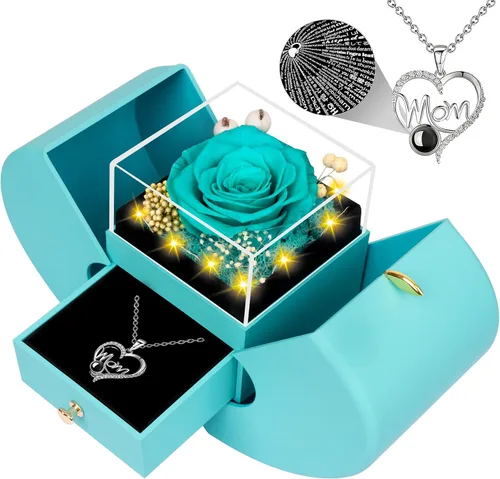 Vista 8 de Lebana Rosa real azul preservada con collar "I Love You", flores eternas, regalos de cumpleaños para mujeres, su madre, esposa, novia, abuela