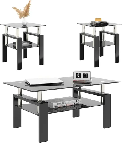 Vista 10 de Juego de 3 mesas auxiliares y mesa auxiliar de cristal, diseño clásico de 2 niveles, parte superior de vidrio templado y patas de metal sólido, uso