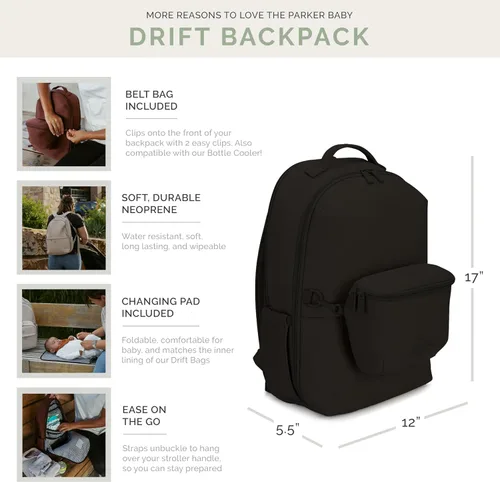 Vista 4 de Parker Baby Drift - Mochila de neopreno y bolsa para cinturón Esencial de viaje sin volumen con cambiador de pañales y correas para cochecito