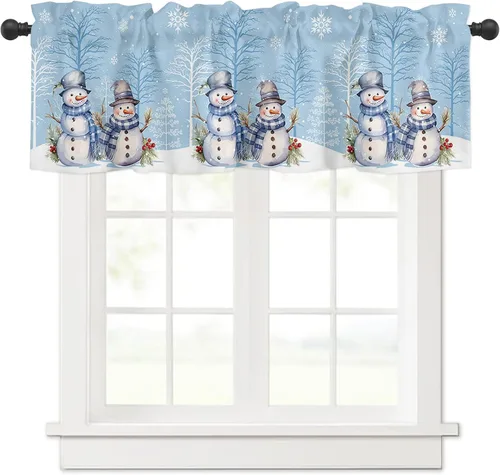 Vista 16 de Cenefa de cortina con lazo rojo de Navidad para ventanas, sala de estar, cocina, baño, granja, bolas de Navidad de acuarela con diseño de bayas