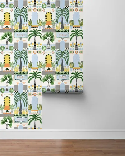Vista 8 de NextWall Papel tapiz de fachada tropical para despegar y pegar (azul cielo y blanco roto)