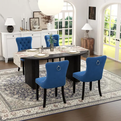 Vista 17 de Juego de mesa de comedor ovalada extensible con 4 sillas tapizadas de terciopelo de alta gama, mesa de cocina de 59 a 91 pulgadas y sillas