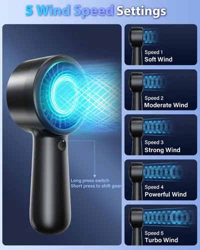 Vista 4 de Ventilador de mano portátil, pequeño ventilador de mano turbo personal, potente, refrescante, cordón, recargable por USB, 5 velocidades, maquillaje