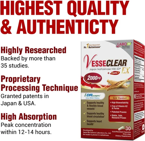 Vista 3 de LABO Nutrition VesseCLEAR EX: Nattokinase NSK-SD+Elastina F para Vasos Sanguíneos Limpios y Flexibles. Japón con la Mayor Prueba de Investigación