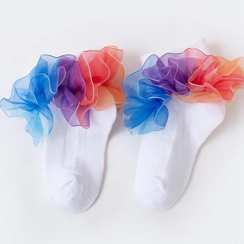 Vista 2 de Toddler Girls Socks with Rainbow Lace Ruffle Trim Cotton Baby Socks Frilly Dress Socks for Little Girls