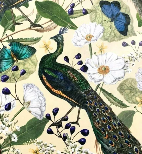 Vista 2 de The Meter - Tela de terciopelo de pavo real, color crema, material de costura floral de lujo, por yarda, estampado de pájaros, patrón de flores