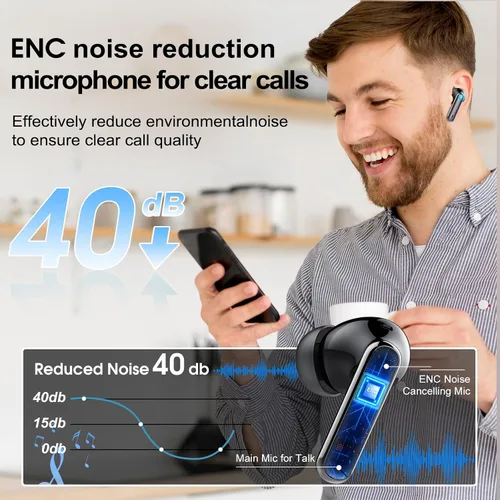 Vista 4 de Csasan Auriculares inalámbricos Bluetooth 5.3, auriculares intraurales de reproducción de 40 horas, mini auriculares Bluetooth con micrófono ENC