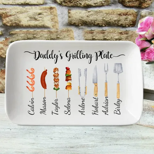 Vista 2 de Plato personalizado para asar para el día del padre, platos personalizados para papá, bandeja rectangular para servir barbacoa con nombres
