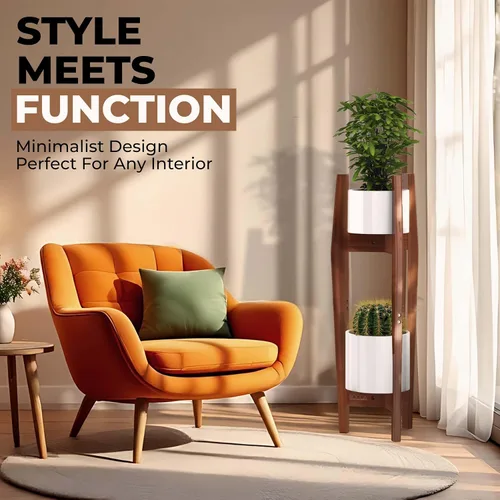 Vista 5 de Rocca - Soporte ajustable de 2 niveles de ancho de 8" a 12" apilable de bambú para plantas altas de interior, soporte de esquina de madera