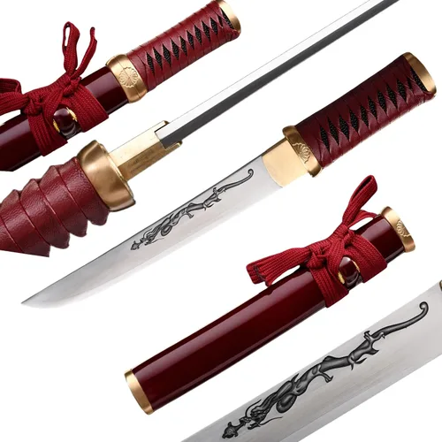 Vista 10 de Hoja de crisantemo japonesa real hecha a mano tanto corta katana samurái real de 13 pulgadas 1065 hoja de acero de resorte de acero de espiga
