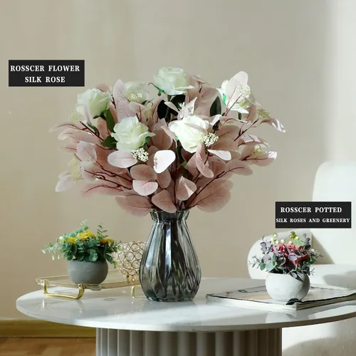 Vista 6 de 12 tallos de eucalipto artificiales, hojas de seda sintética de 20 pulgadas con bayas beige, ramas de vegetación flexibles para decoración bohemia