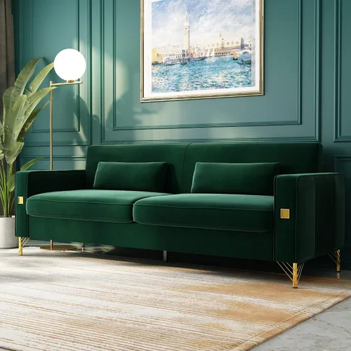 Vista 11 de Sofá Chesterfield de terciopelo de 85 pulgadas, moderno de mediados de siglo, cómodo sofá con almohadas para sala de estar, dormitorio, muebles