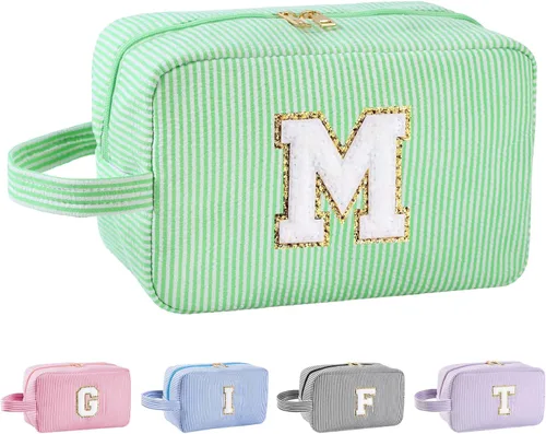 Vista 22 de Bolsa de maquillaje personalizada con inicial A-Z para mujeres, niñas y niños, bolsa de aseo de viaje, bolsa de maquillaje preparada, bolsa