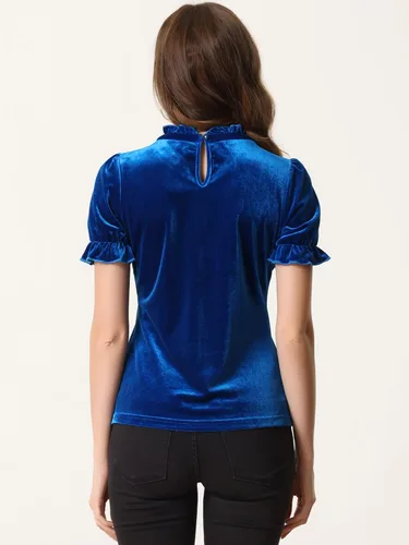 Vista 3 de Allegra K Camisa navideña con cuello de volantes para mujer, blusa de terciopelo de manga corta