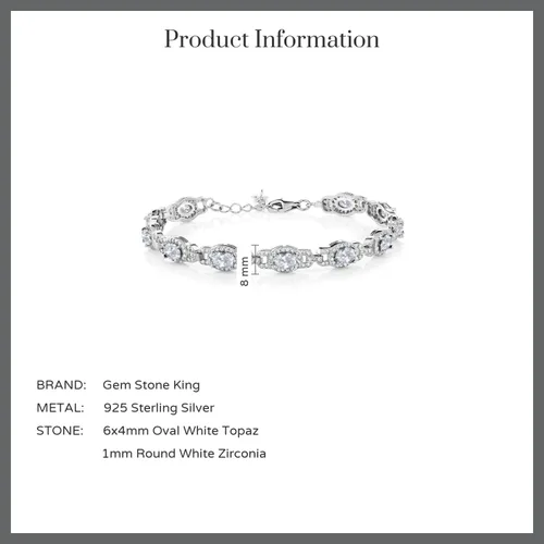 Vista 5 de Gem Stone King Pulsera de tenis ovalada de plata de ley 925 con topacio blanco para mujer (10.20 quilates, 7 pulgadas con extensor de 1 pulgada)