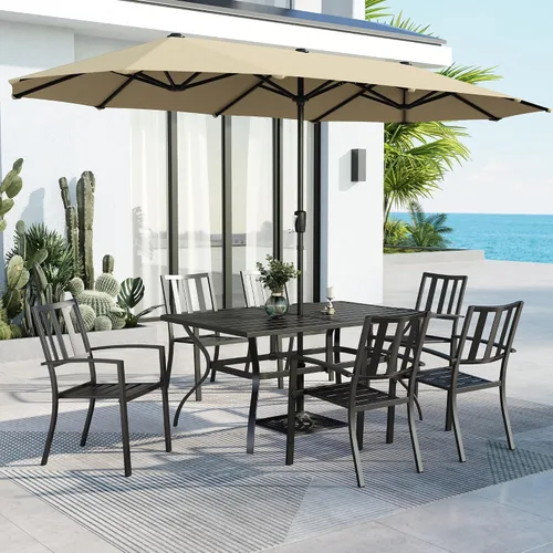 Vista 44 de MFSTUDIO Juego de mesa de comedor para patio al aire libre con paraguas, 4 sillas giratorias y 1 x 37 cuadrado Bistro forjado Iorn Slat mesa grande