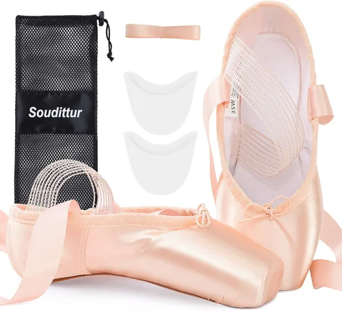 Vista 7 de Soudittur Zapatos de ballet para niñas y mujeres, zapatos profesionales de satén rosa con correas elásticas cosidas y almohadillas de silicona