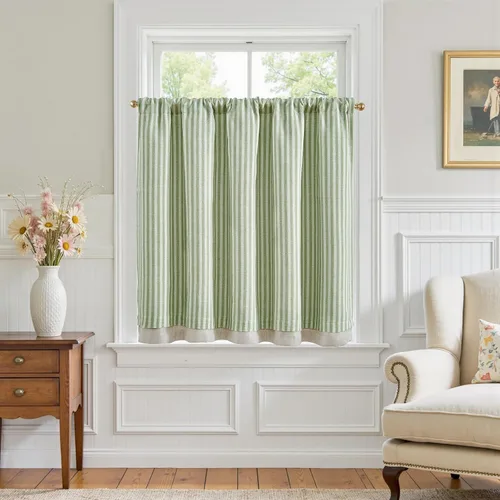 Vista 29 de jinchan Cenefa de Lino a Rayas para Ventanas de 16 Pulgadas Cortinas Opacas para Ventana Pequeña Estilo Granja Cenefa de Doble Capa para Sala