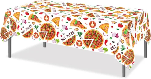 Vista 3 de Lide Road Mantel para fiesta de pizza, 2 piezas, con temática de pizza, decoración de fiesta de cumpleaños, cubierta de plástico desechable