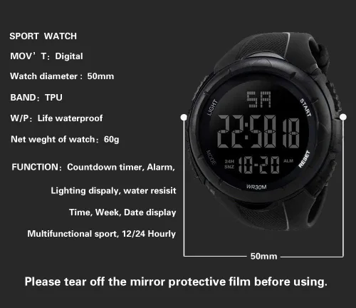 Vista 3 de Reloj deportivo digital para hombre, impermeable, cronómetro, electrónico, militar, con alarma de fecha automática, retroiluminación LED